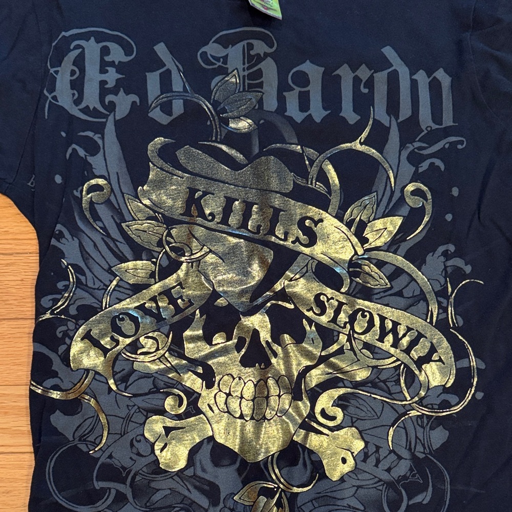Ed Hardy by Christian Audigier Black and Gold Graphic Long Sleeve Shirt - Picture 2 of 6
